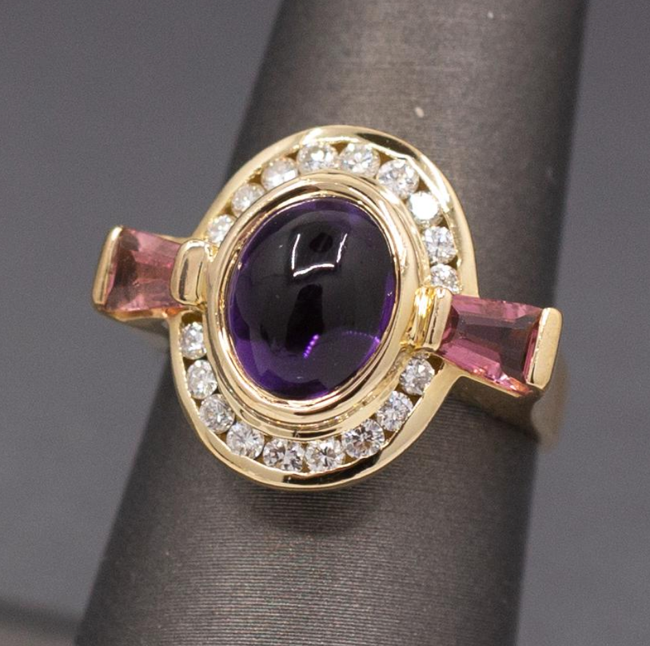 Glowing Amethyst, Pink Tourmaline and Diamond Ring in 18k Yellow Gold