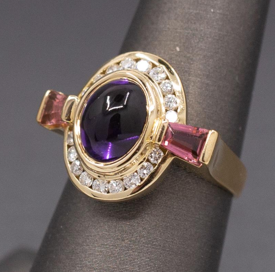 Glowing Amethyst, Pink Tourmaline and Diamond Ring in 18k Yellow Gold