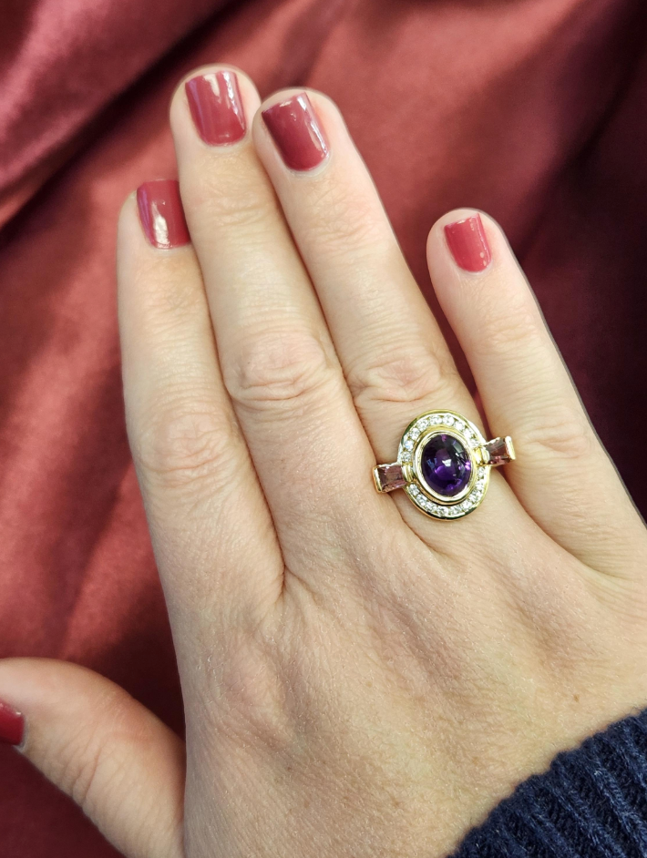 Glowing Amethyst, Pink Tourmaline and Diamond Ring in 18k Yellow Gold
