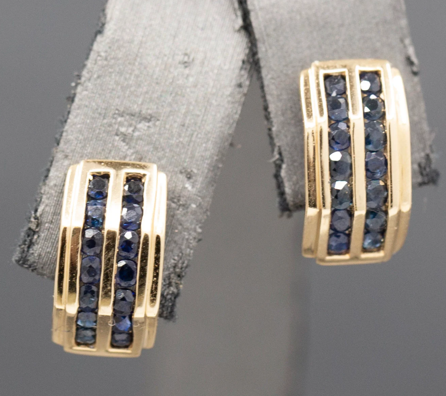 Petite Channel Set Blue Sapphire Angled Half Hoop Earrings in 14k Yellow Gold