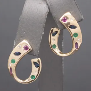 Ruby Sapphire Emerald and Diamond Curved Semi-Hoop Earrings in 14k Yellow Gold
