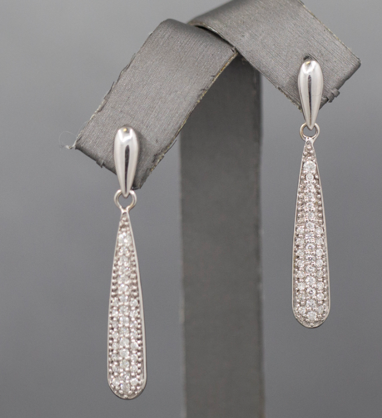 Sparkly Elongated Teardrop Pave' Set Diamond Earrings in 14k White Gold