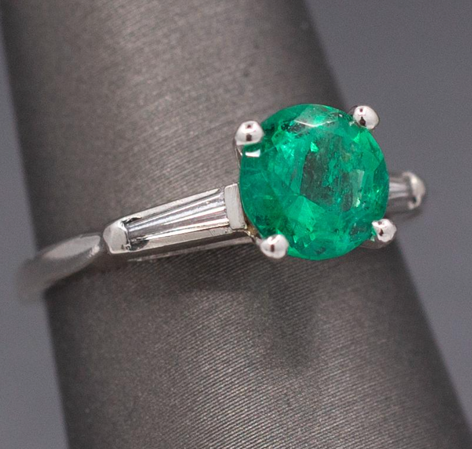 Vintage Natural Round Emerald and Baguette Diamond Ring in Platinum