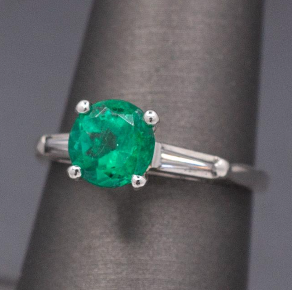 Vintage Natural Round Emerald and Baguette Diamond Ring in Platinum