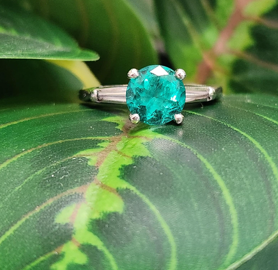 Vintage Natural Round Emerald and Baguette Diamond Ring in Platinum