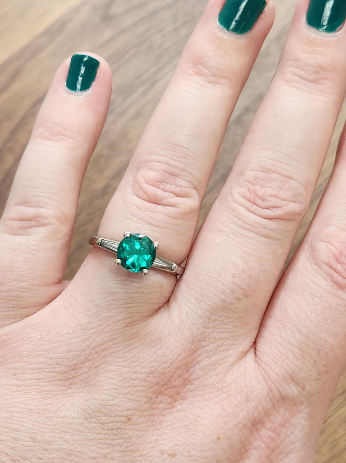 Vintage Natural Round Emerald and Baguette Diamond Ring in Platinum