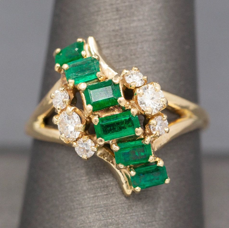 Vivid Natural Emerald and Diamond Cocktail Ring in 14k Yellow Gold