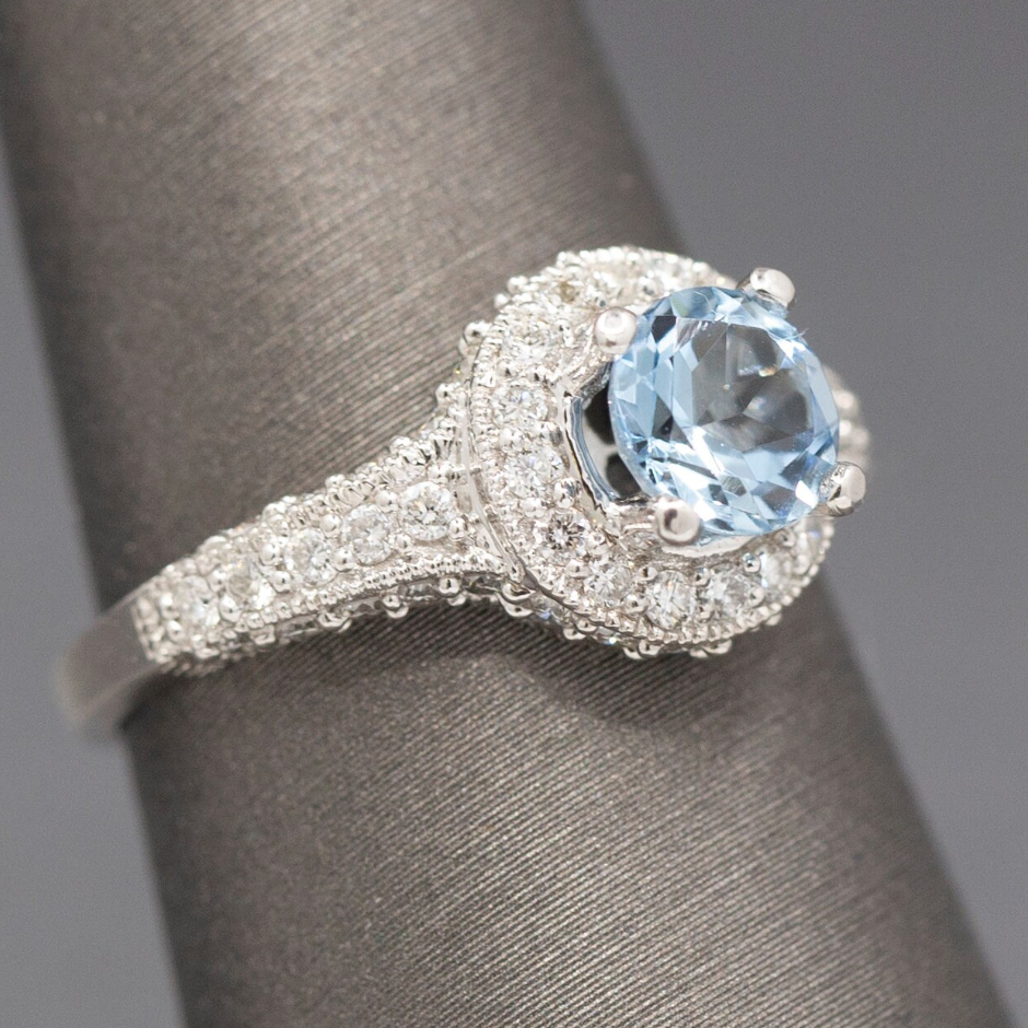 Beautiful Blue Aquamarine and Diamond Halo Ring in 14k White Gold