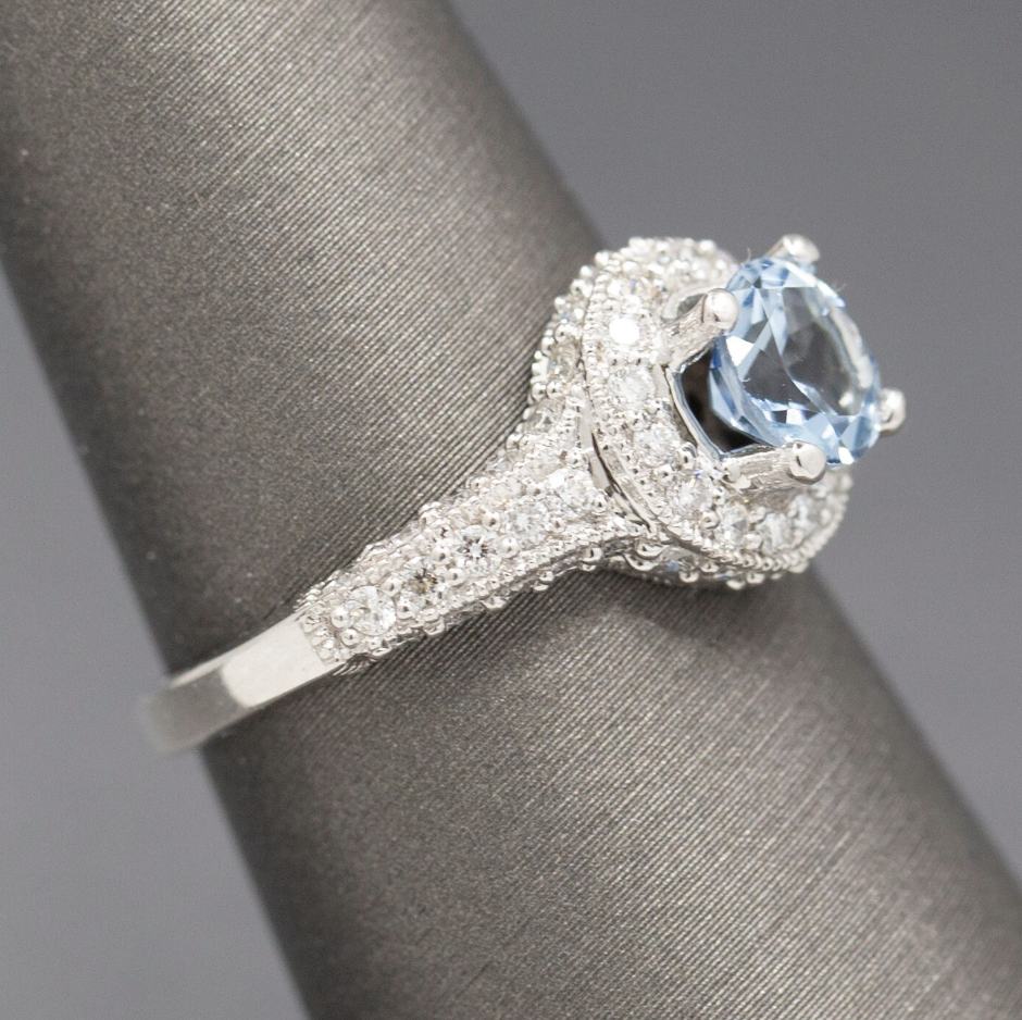 Beautiful Blue Aquamarine and Diamond Halo Ring in 14k White Gold