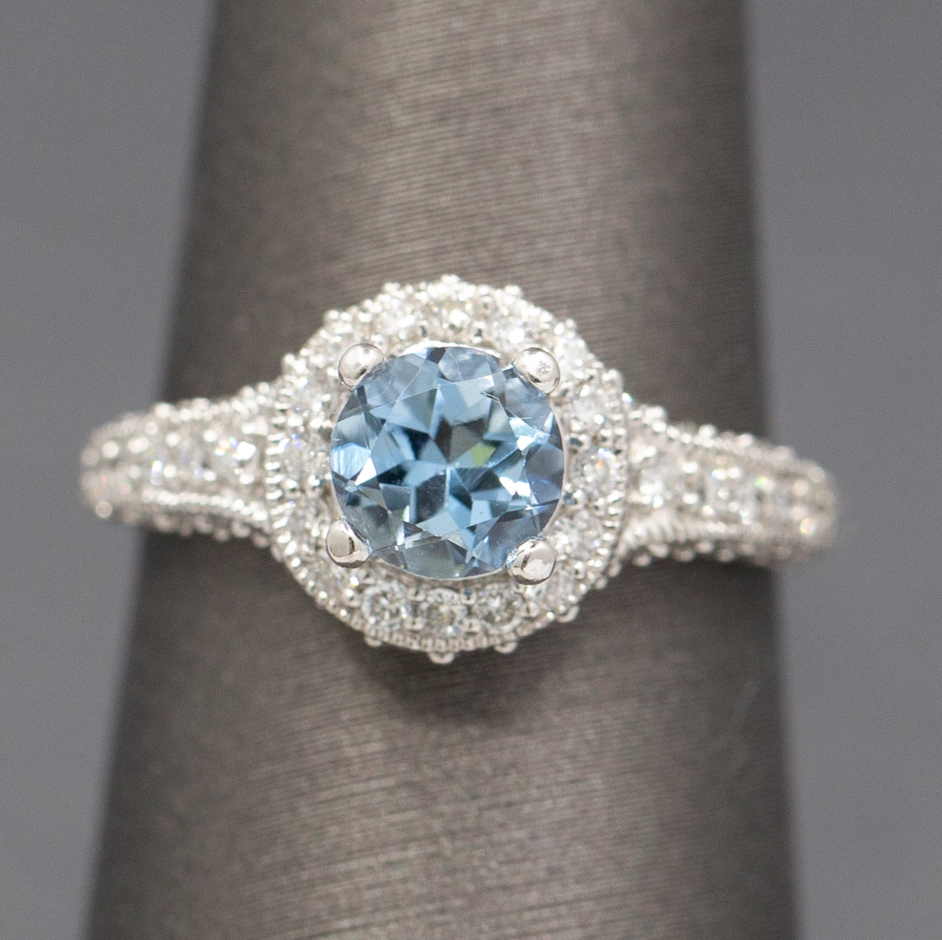 Beautiful Blue Aquamarine and Diamond Halo Ring in 14k White Gold