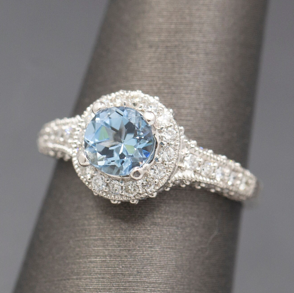 Beautiful Blue Aquamarine and Diamond Halo Ring in 14k White Gold
