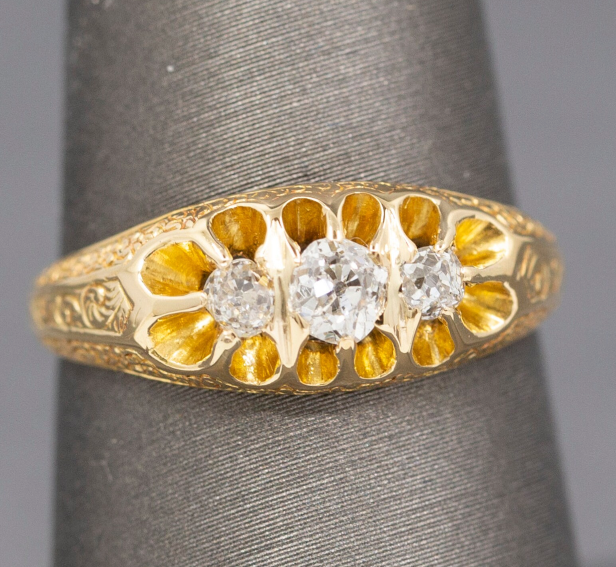 Antique Victorian Old Mine Cut Diamond Three Stone Belcher Set Ring in 18k Yellow Gold