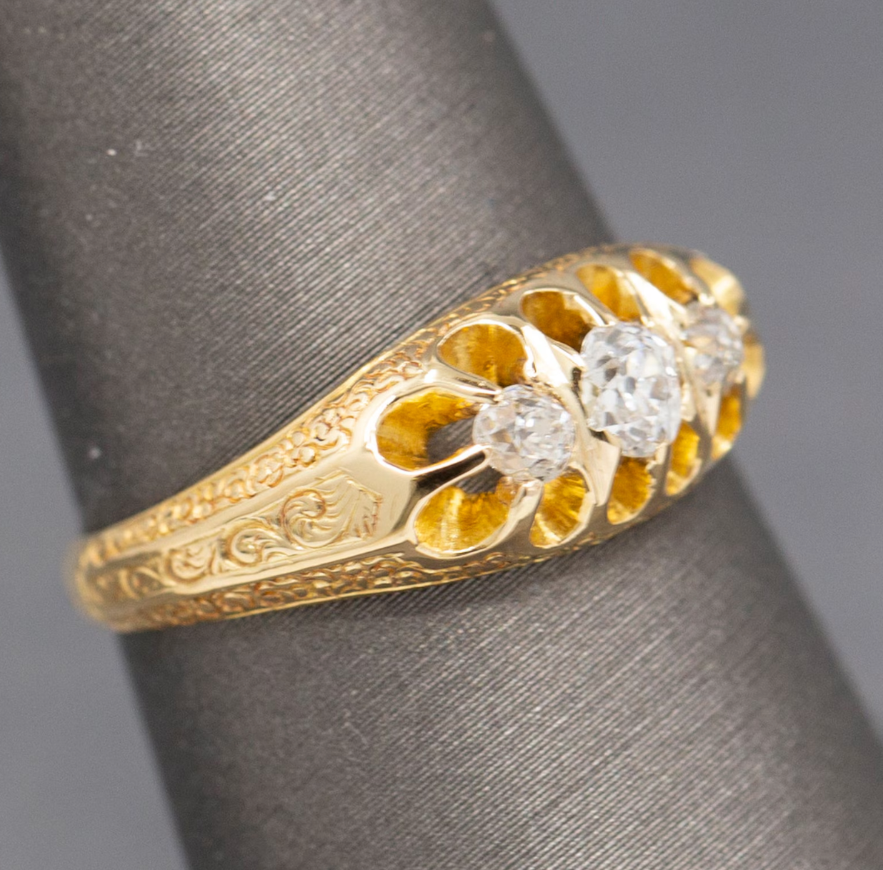 Antique Victorian Old Mine Cut Diamond Three Stone Belcher Set Ring in 18k Yellow Gold