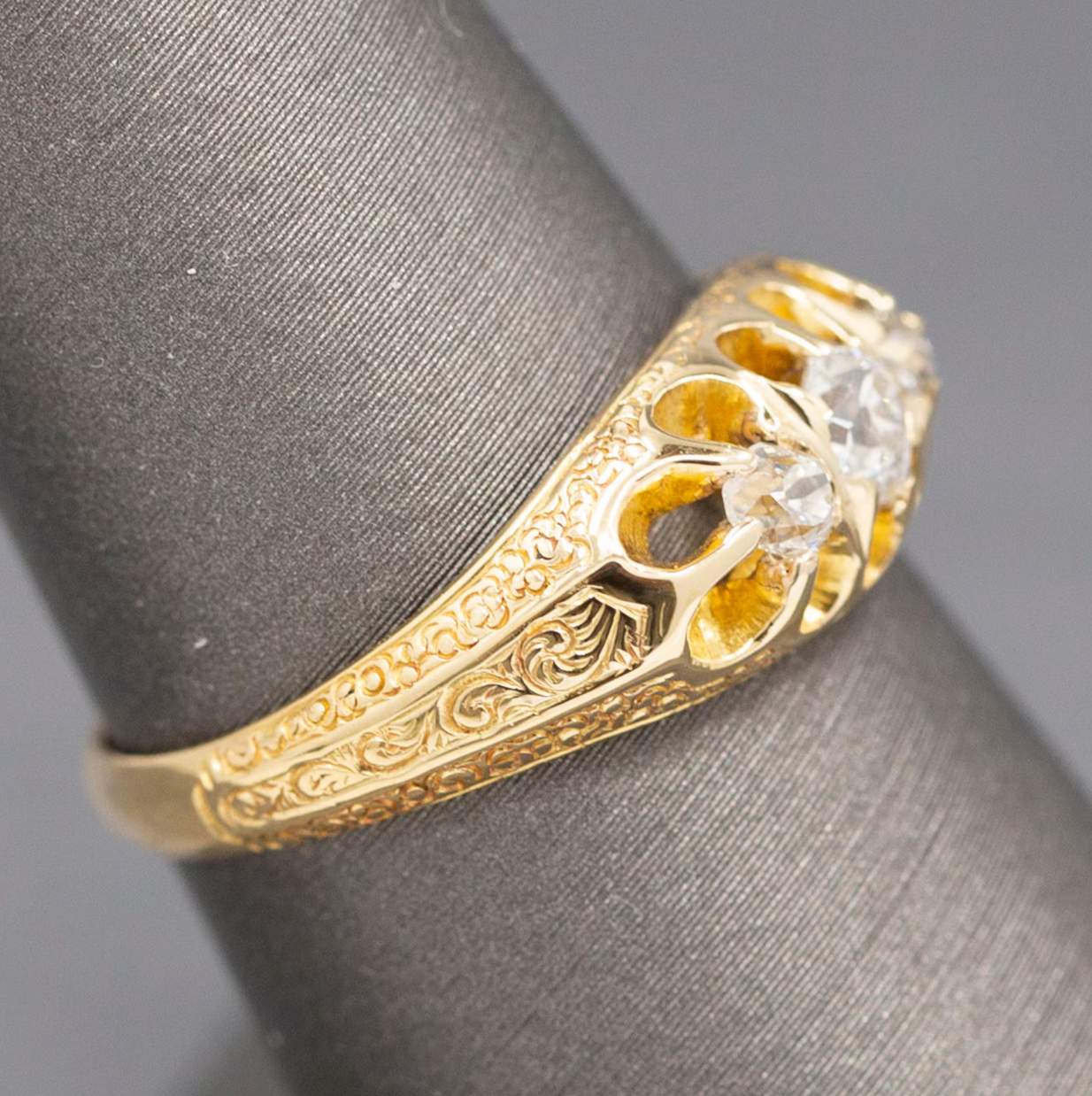 Antique Victorian Old Mine Cut Diamond Three Stone Belcher Set Ring in 18k Yellow Gold