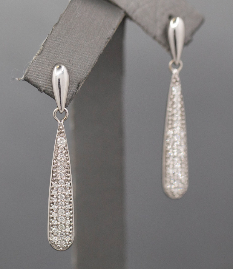 Sparkly Elongated Teardrop Pave' Set Diamond Earrings in 14k White Gold