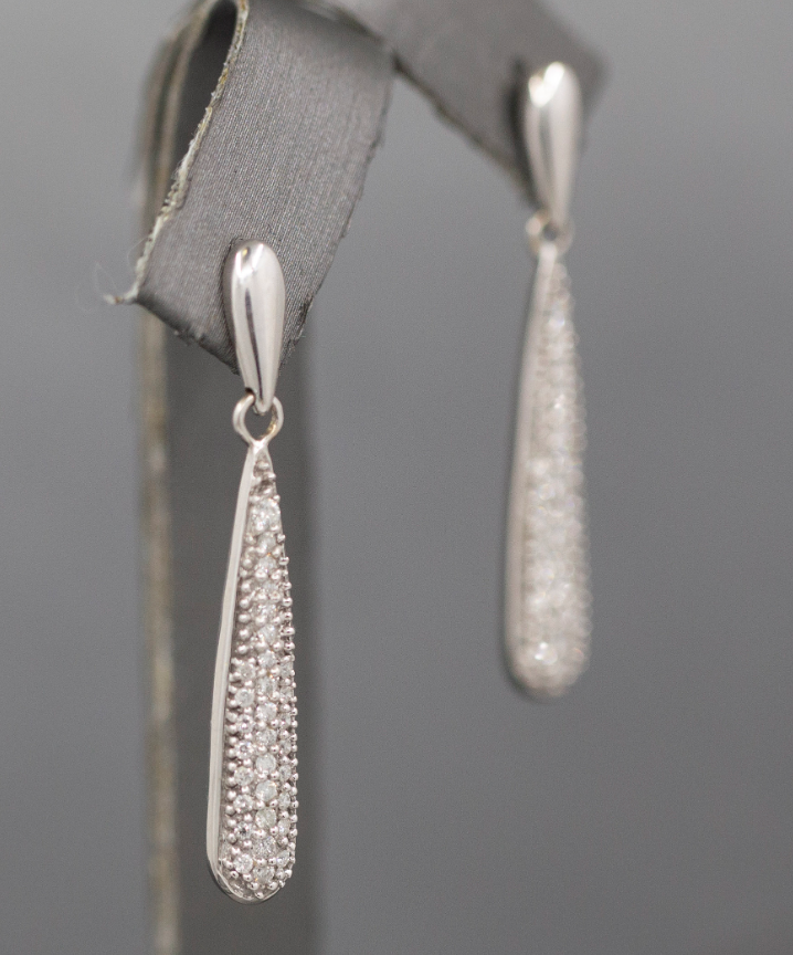 Sparkly Elongated Teardrop Pave' Set Diamond Earrings in 14k White Gold