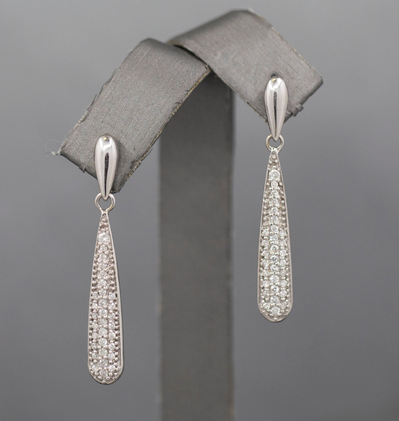 Sparkly Elongated Teardrop Pave' Set Diamond Earrings in 14k White Gold
