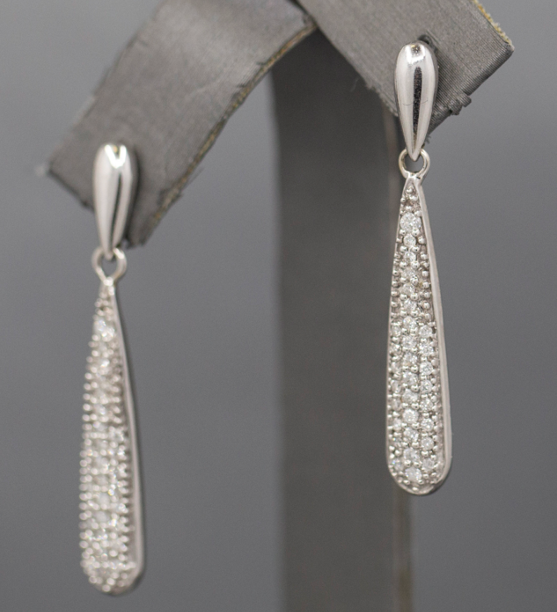 Sparkly Elongated Teardrop Pave' Set Diamond Earrings in 14k White Gold