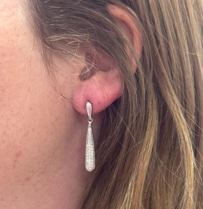 Sparkly Elongated Teardrop Pave' Set Diamond Earrings in 14k White Gold