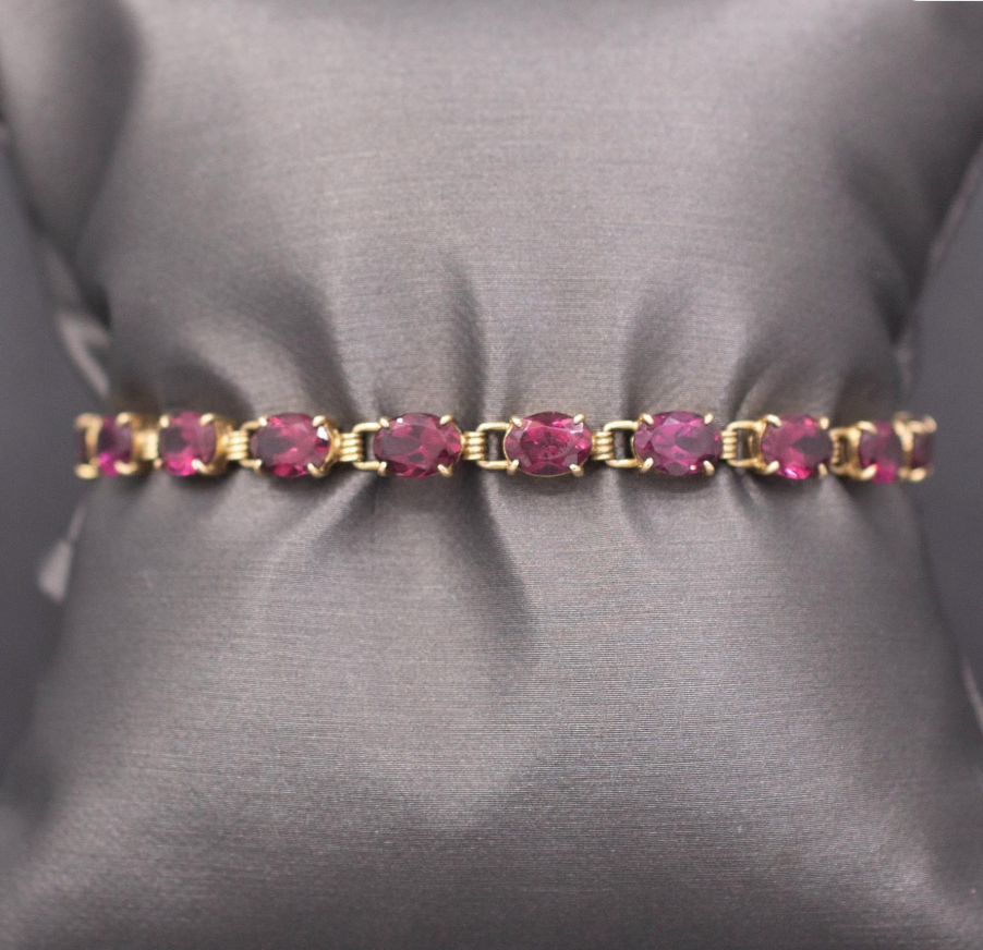 Sparkling Vintage Rhodolite Garnet Tennis Bracelet in 14k Yellow Gold