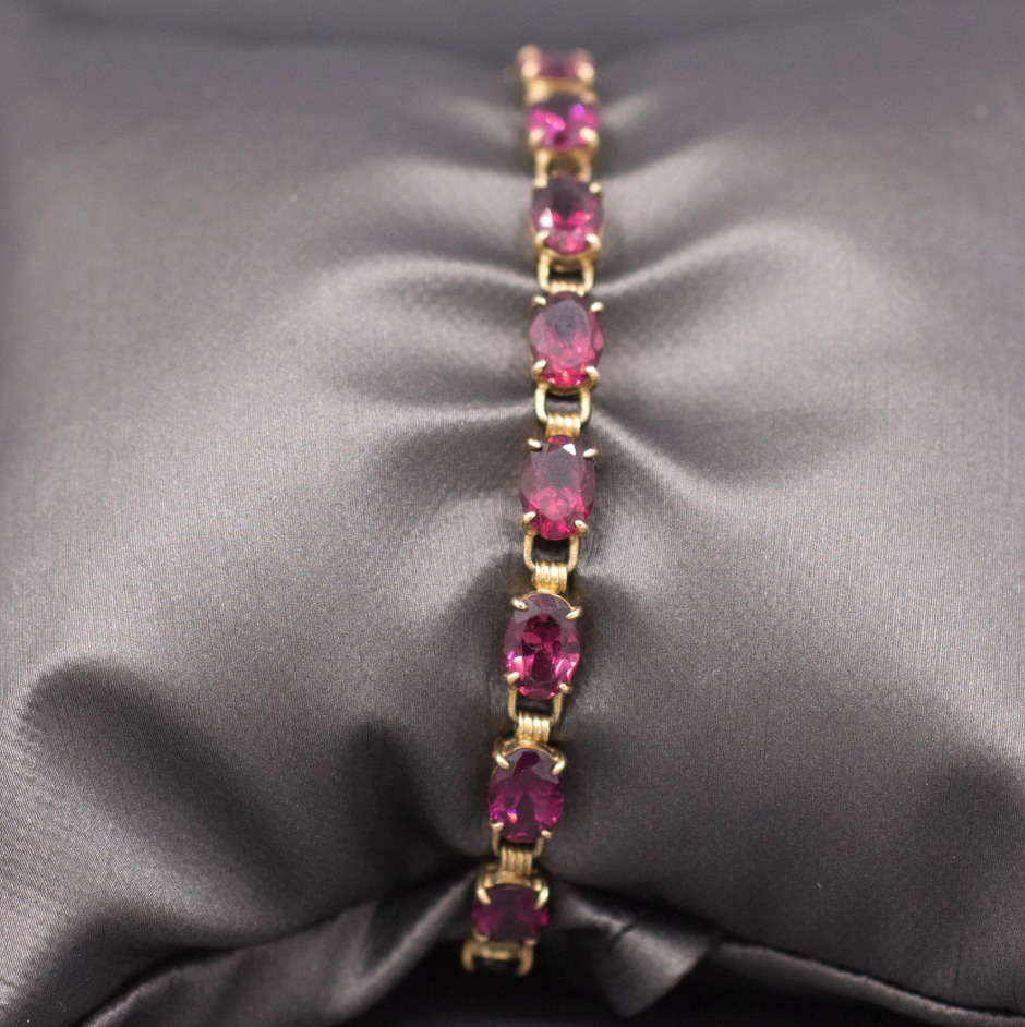 Sparkling Vintage Rhodolite Garnet Tennis Bracelet in 14k Yellow Gold