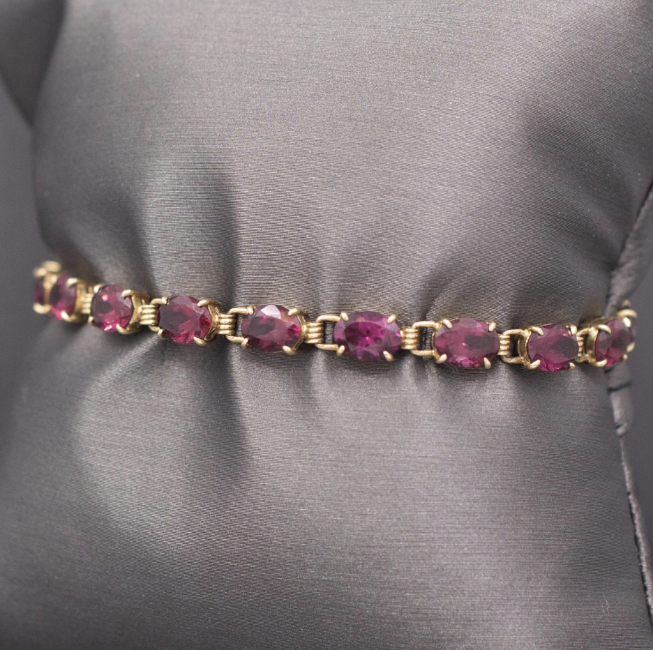 Sparkling Vintage Rhodolite Garnet Tennis Bracelet in 14k Yellow Gold