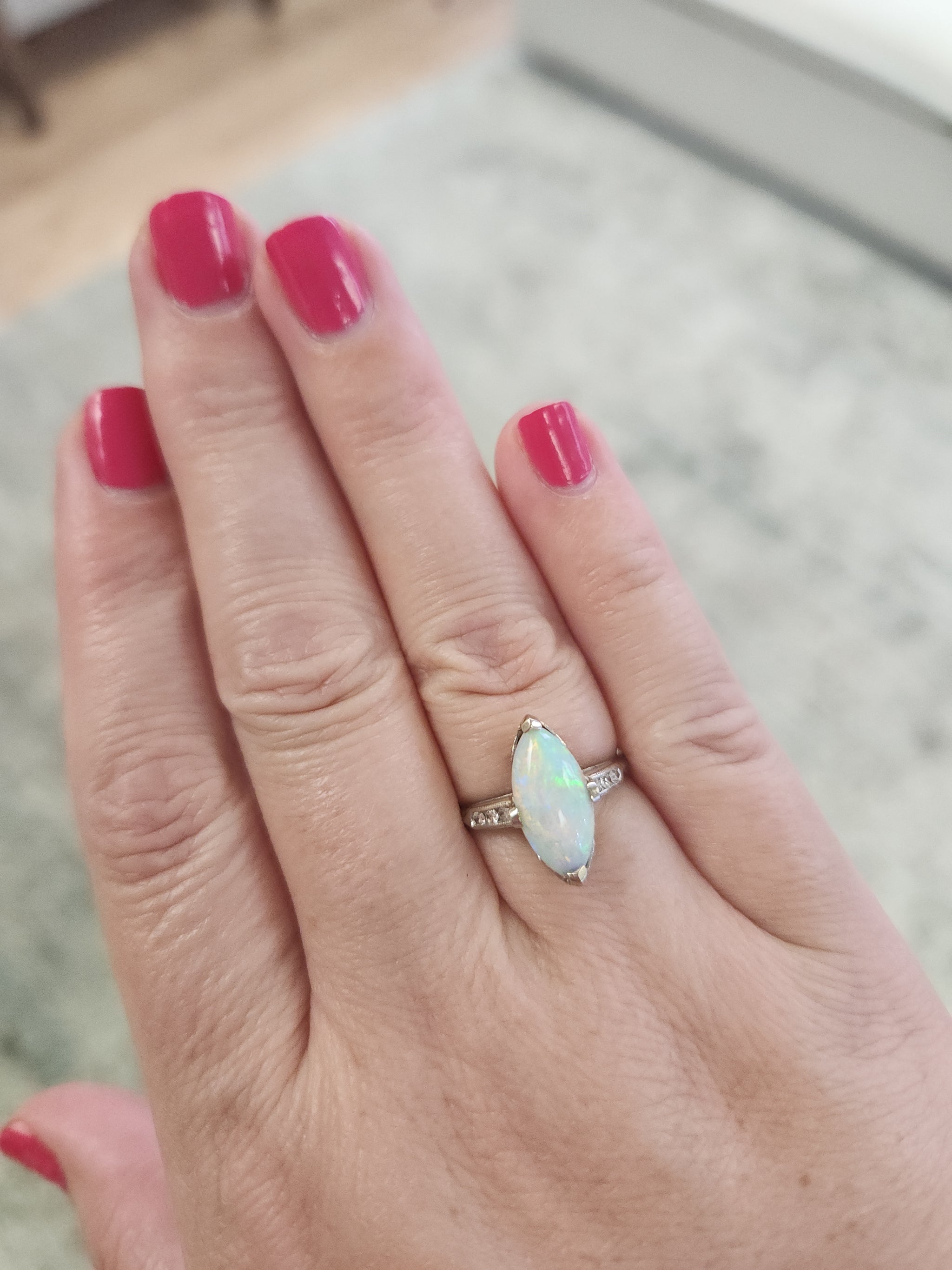 Late Art Deco Colorful Australian Opal and Diamond Ring in White Gold