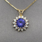 Lush Vivid Natural Tanzanite and Diamond Pendant Necklace in 14k Yellow Gold