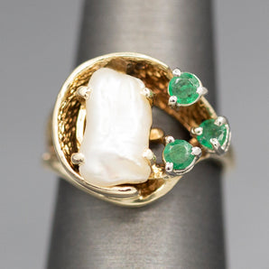 Custom Pearl and Emerald Cocktail Ring in 14k Yellow Gold