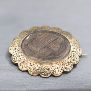 Victorian Braided Hair Brooch in 14k Yellow Gold Engraved Frame