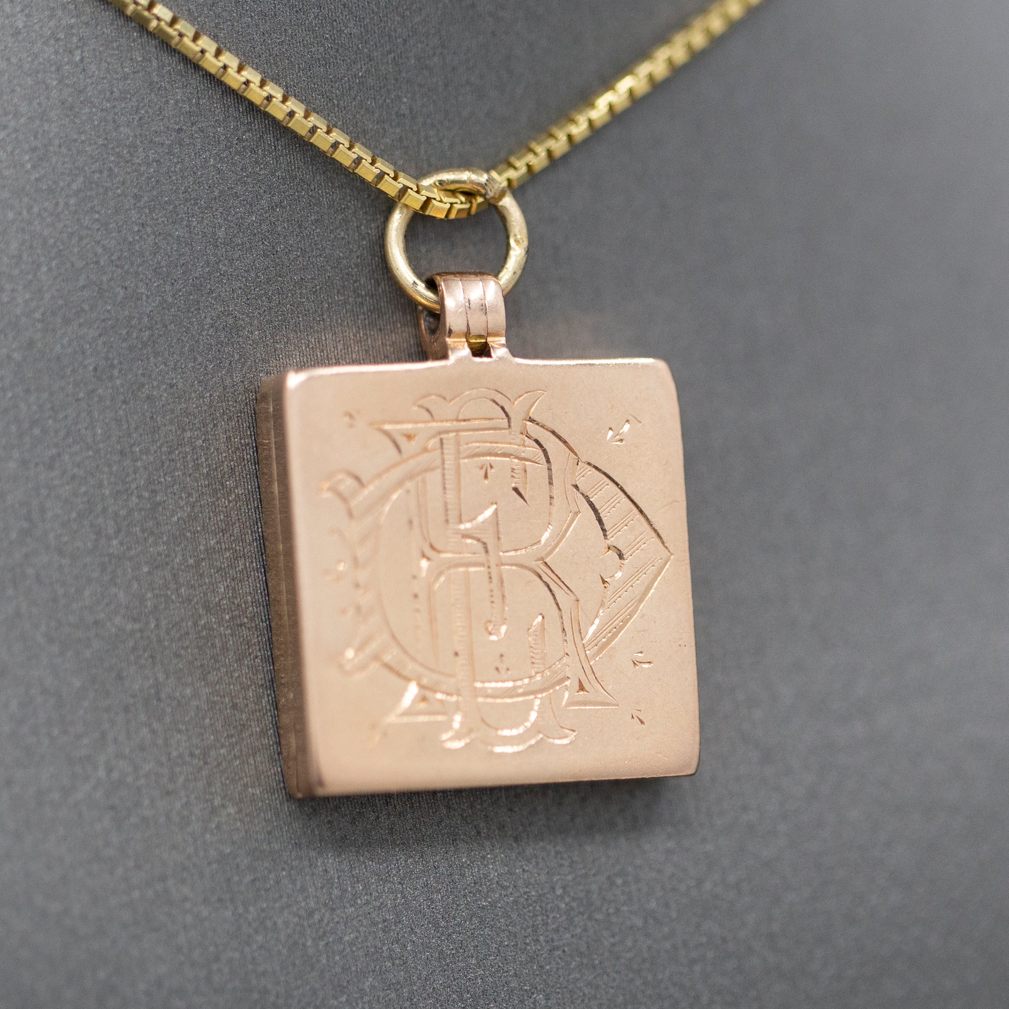 Antique Victorian Engraved Square Picture Locket in 14k Rose Gold and Platinum