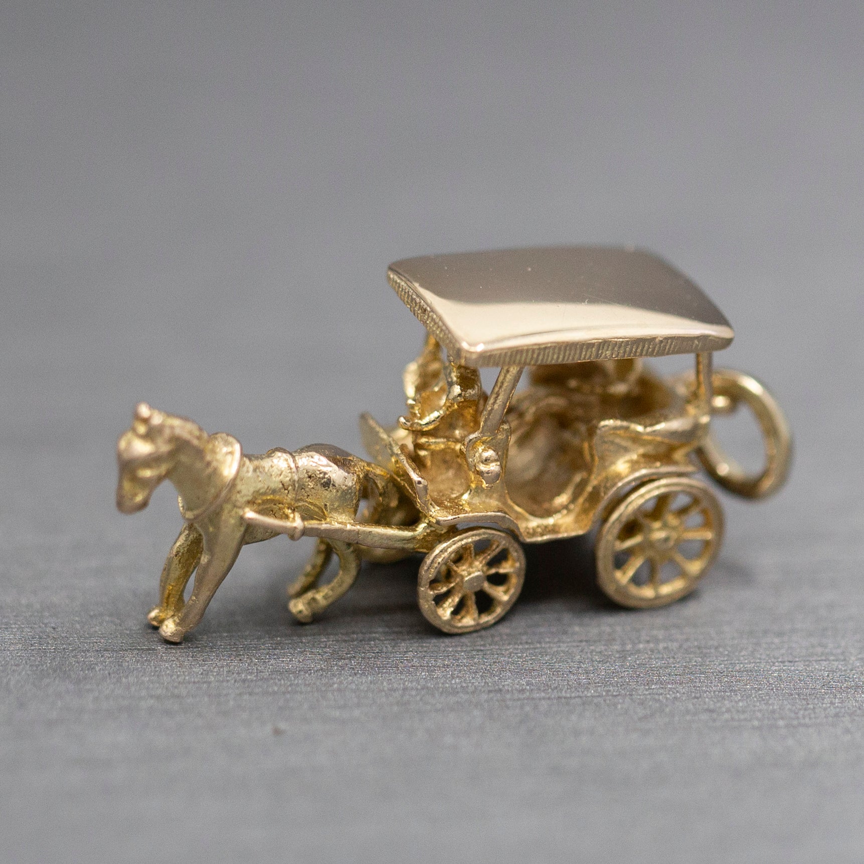 Horse Drawn Carriage with Rider Charm Pendant in 14k Yellow Gold