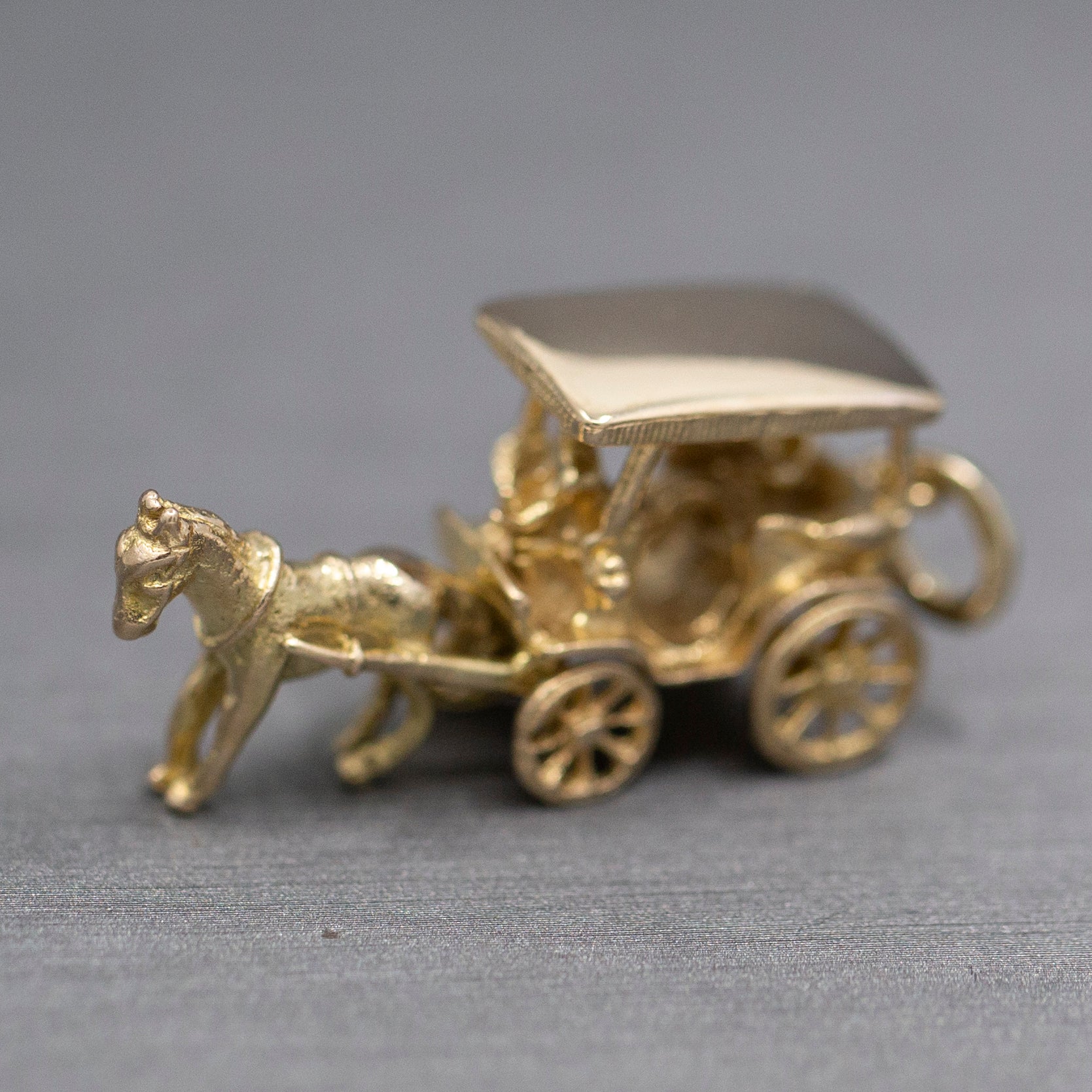 Horse Drawn Carriage with Rider Charm Pendant in 14k Yellow Gold