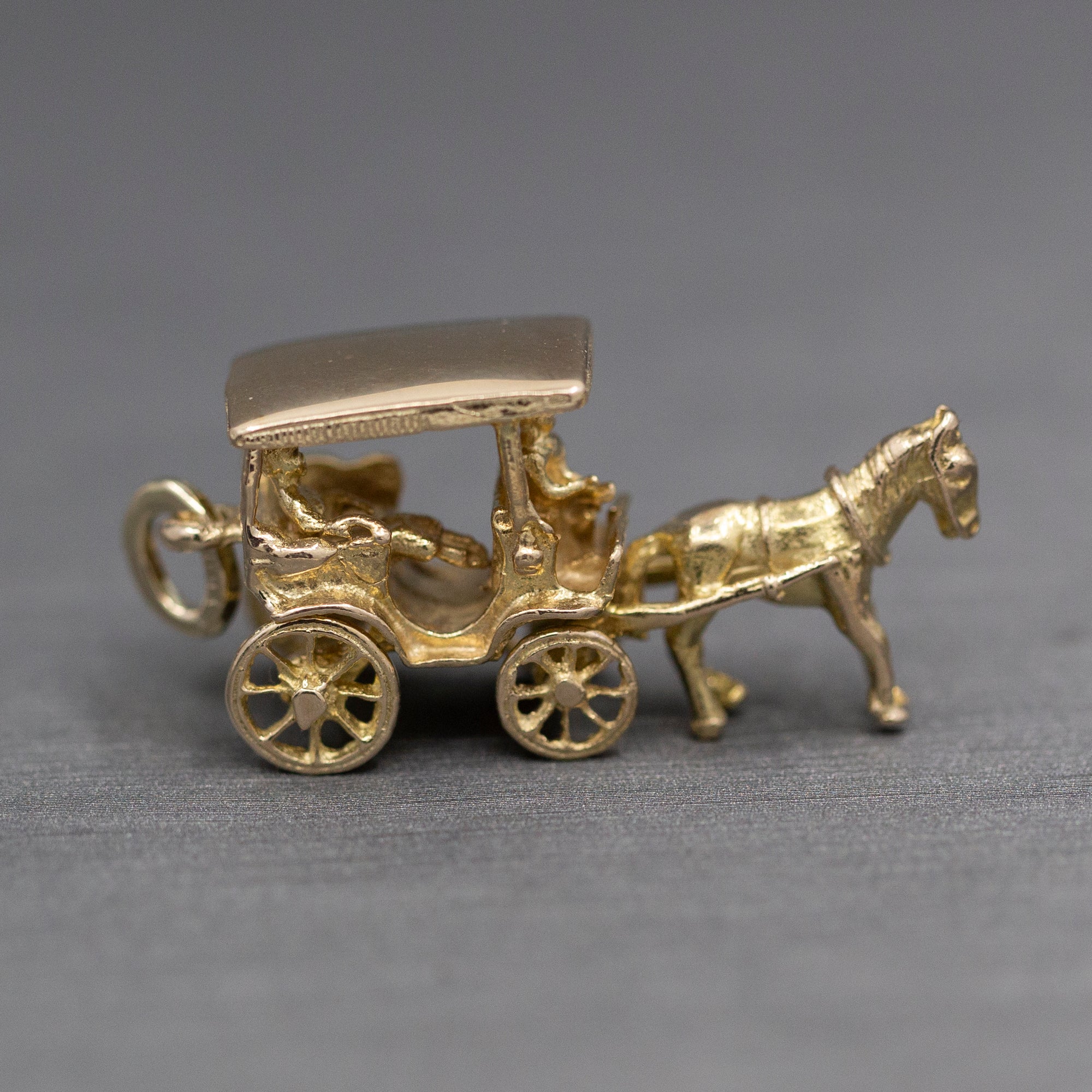Horse Drawn Carriage with Rider Charm Pendant in 14k Yellow Gold