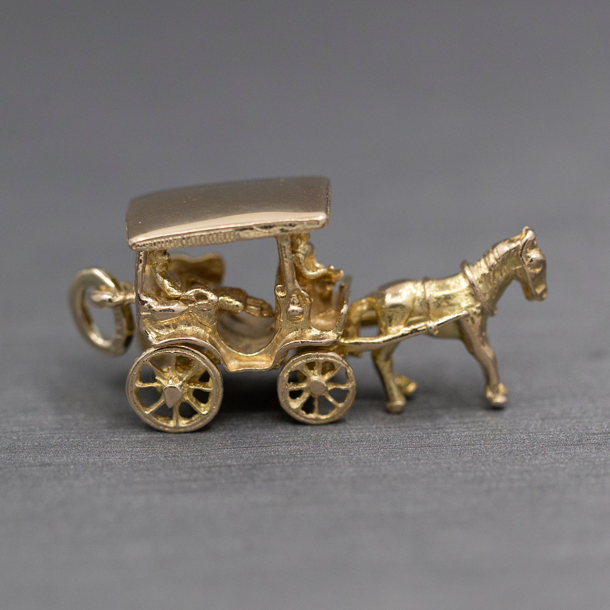 Horse Drawn Carriage with Rider Charm Pendant in 14k Yellow Gold