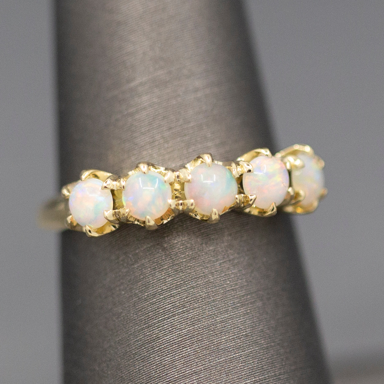 Handcrafted Opal Half Hoop Band Ring in 14k Yellow Gold