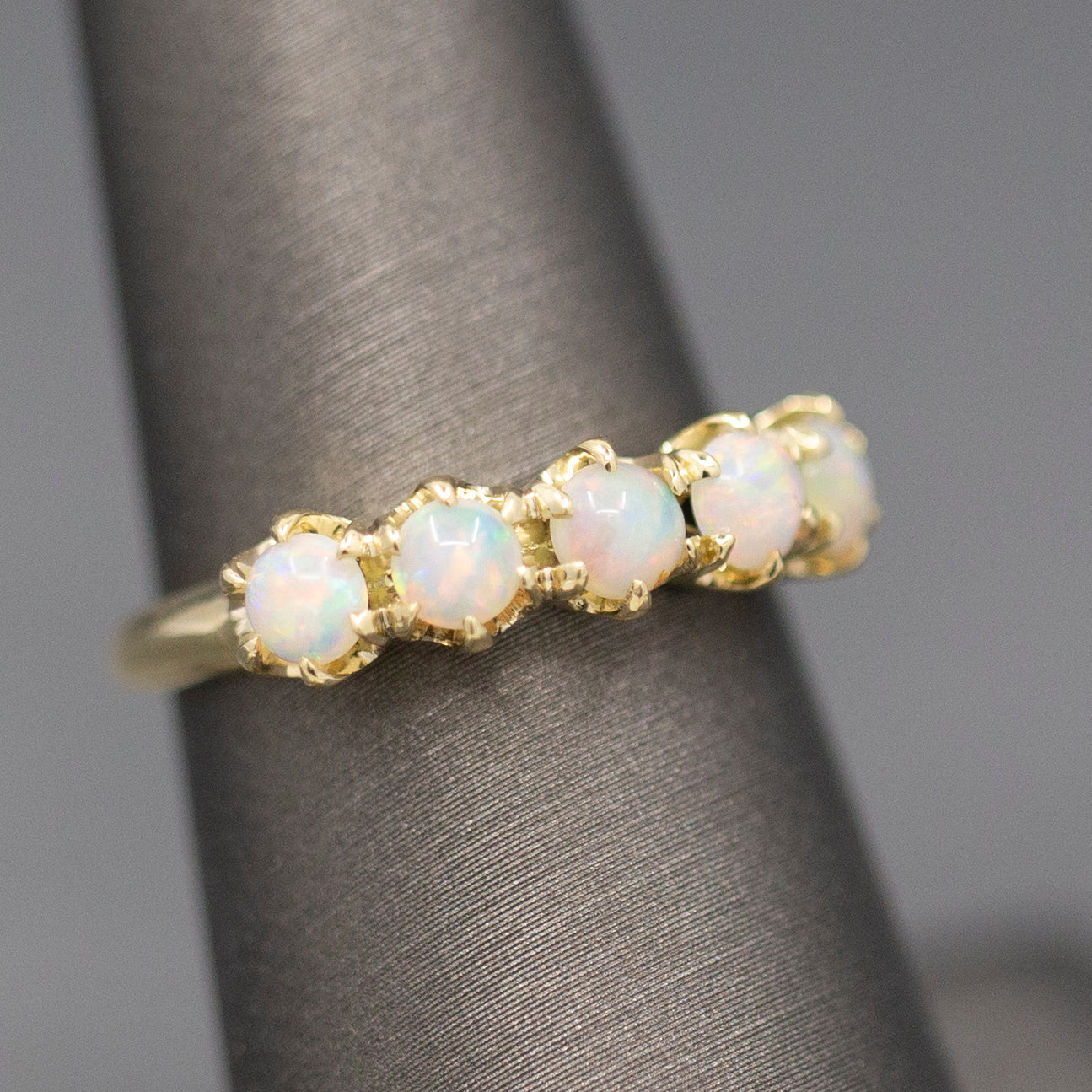 Handcrafted Opal Half Hoop Band Ring in 14k Yellow Gold