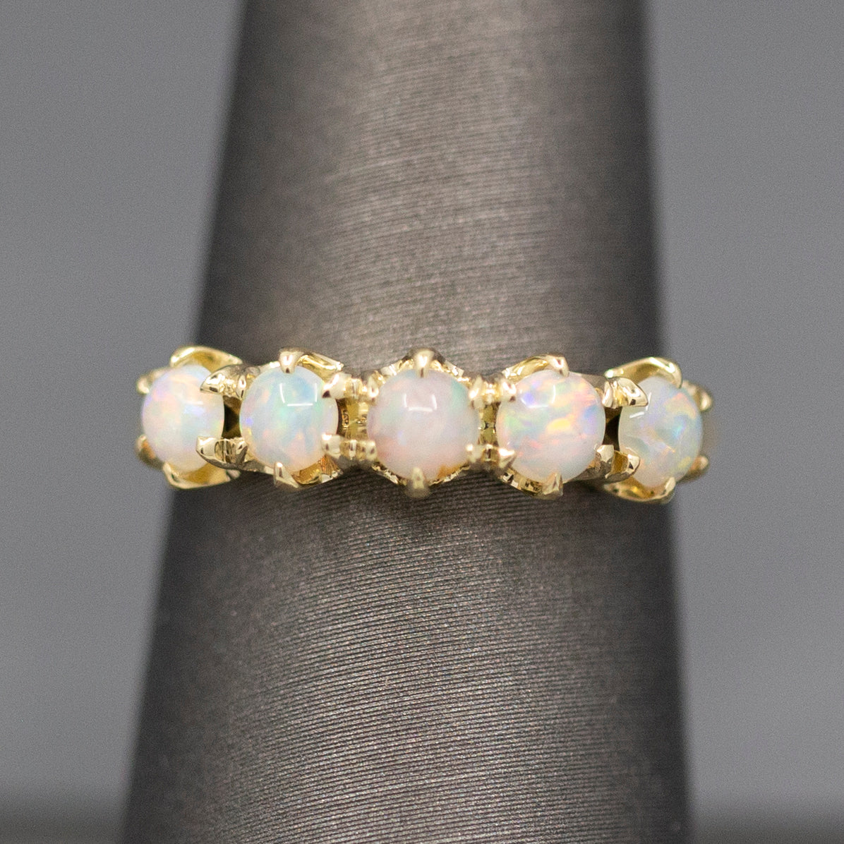 Handcrafted Opal Half Hoop Band Ring in 14k Yellow Gold