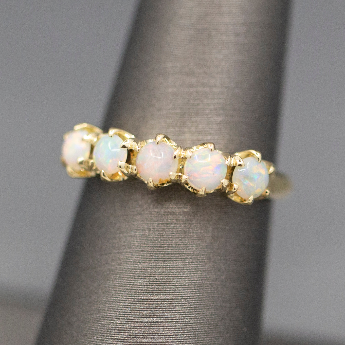 Handcrafted Opal Half Hoop Band Ring in 14k Yellow Gold