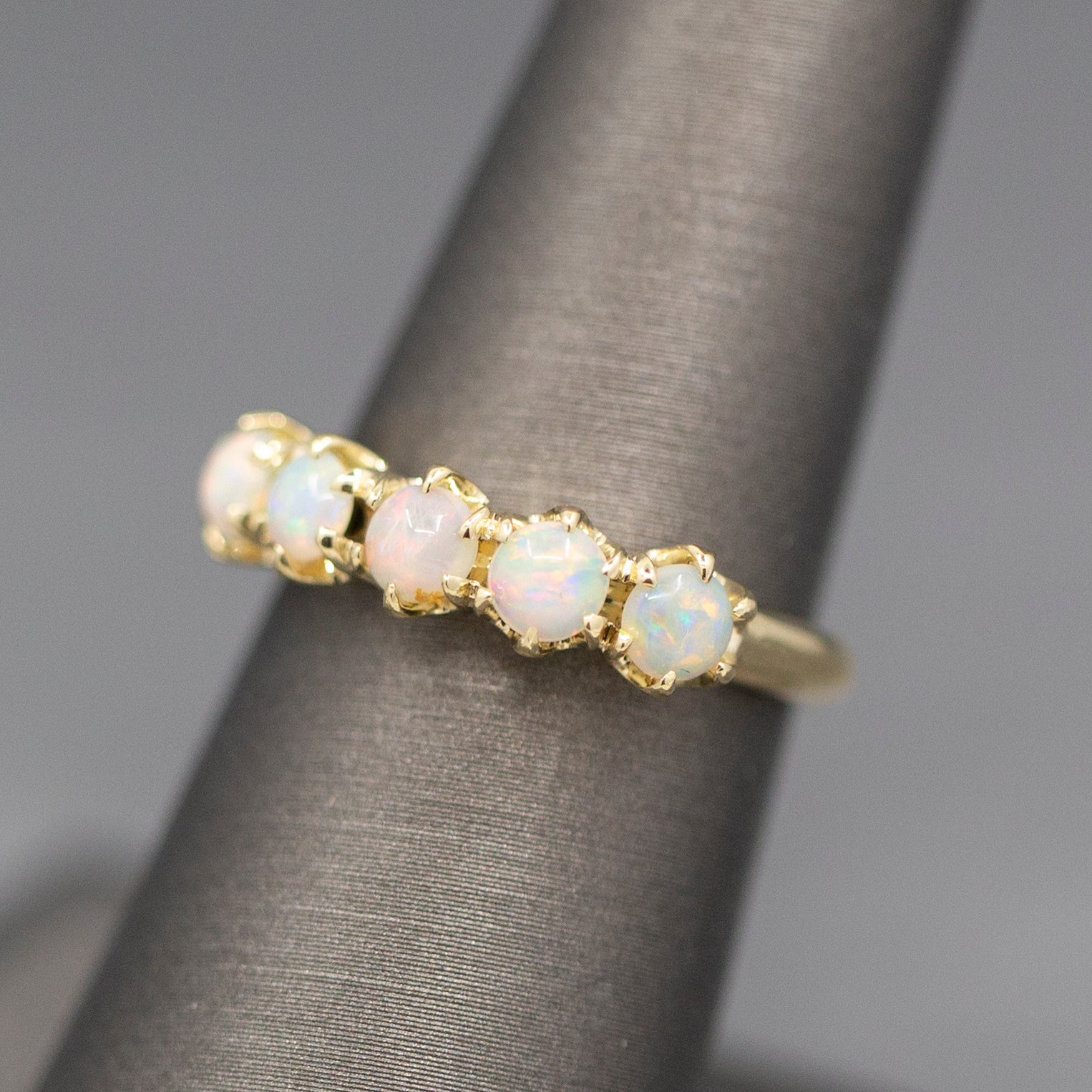 Handcrafted Opal Half Hoop Band Ring in 14k Yellow Gold
