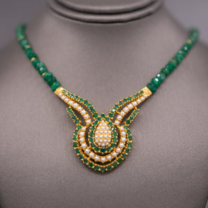 Stunning Emerald and Seed Pearl Necklace in 22k Yellow Gold