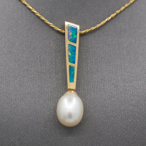 Blue Australian Opal Inlay and Pearl Drop Dangling Pendant Necklace in 14k Yellow Gold
