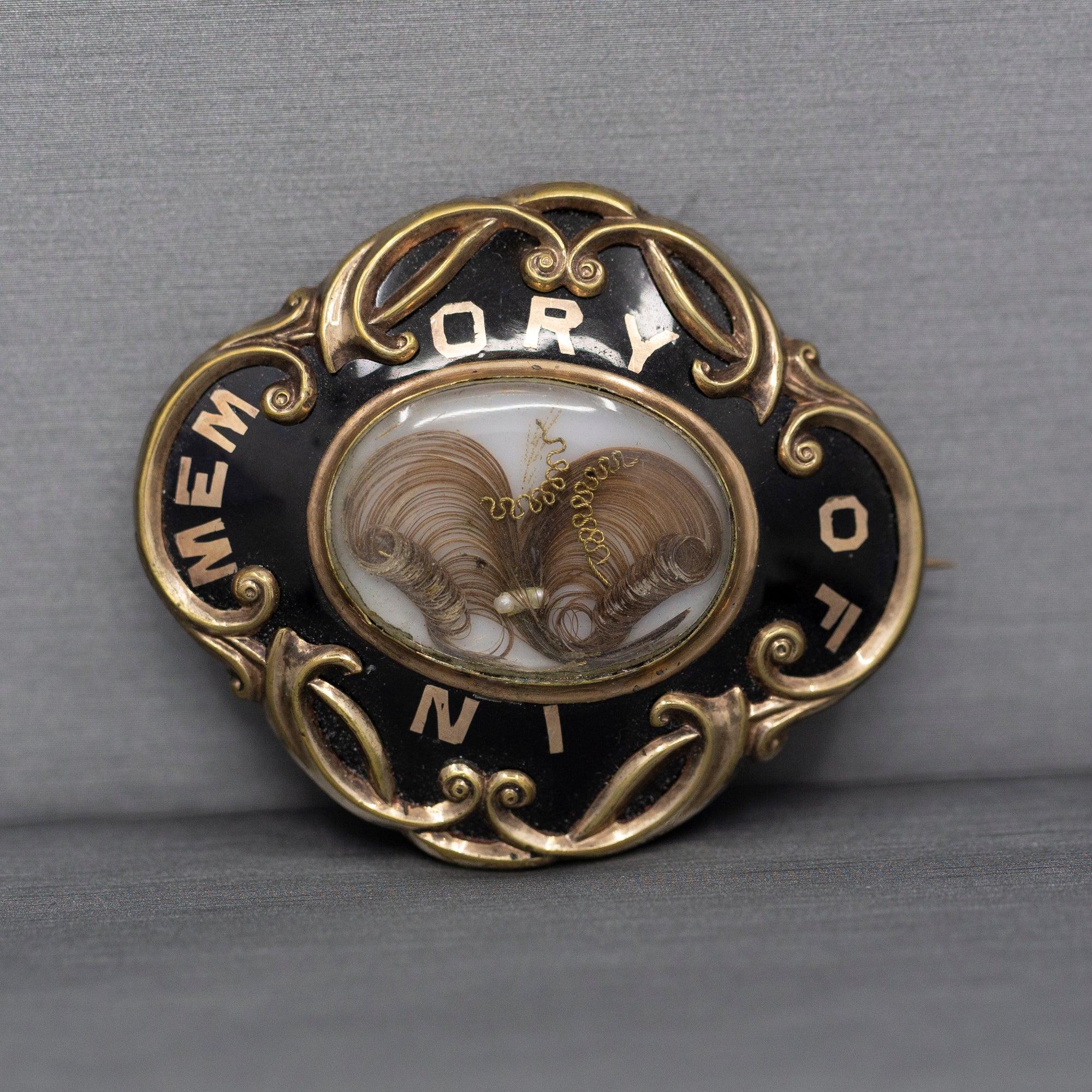 Antique Victorian Mourning In Memory Of Hair Work Brooch in 10k Yellow Gold