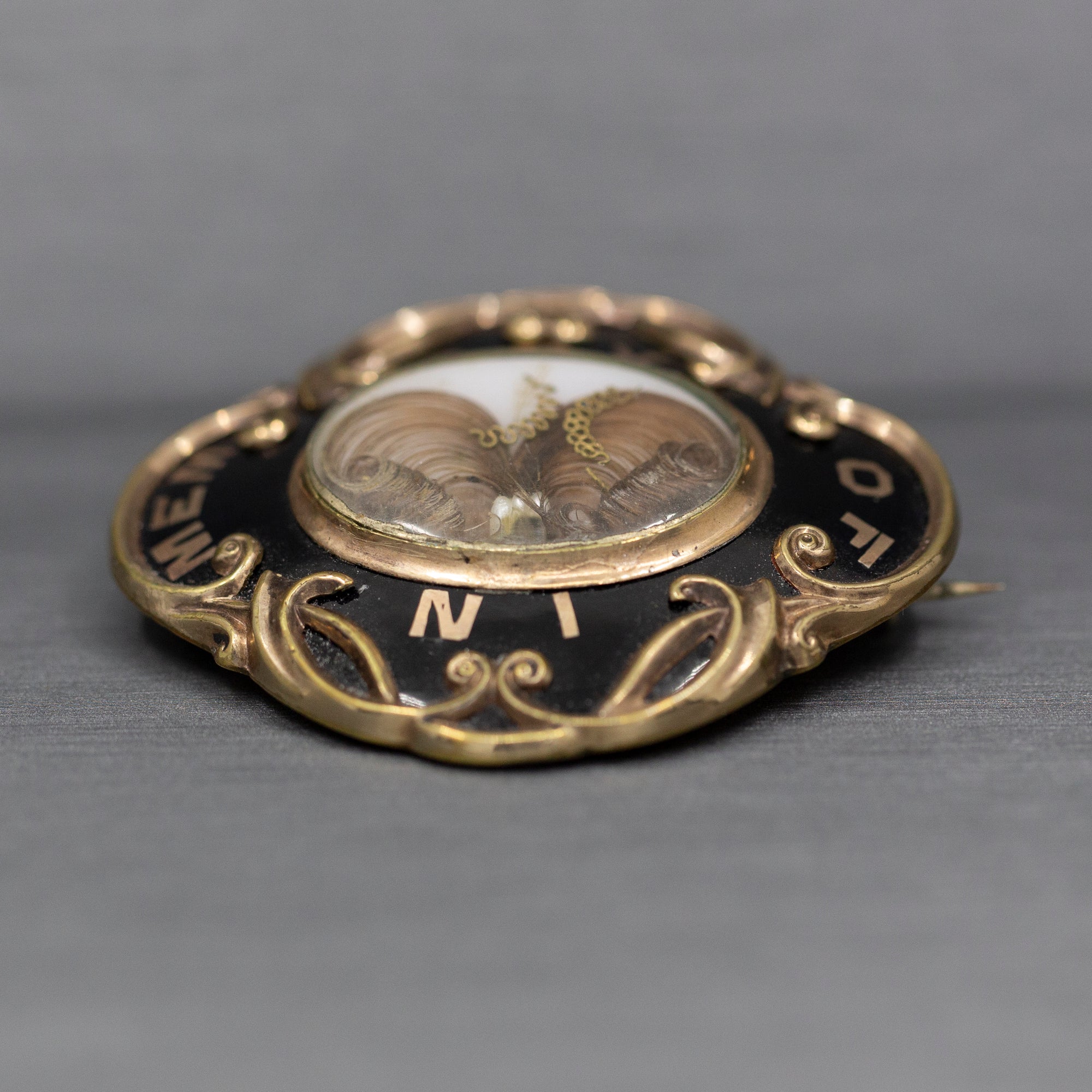Antique Victorian Mourning In Memory Of Hair Work Brooch in 10k Yellow Gold