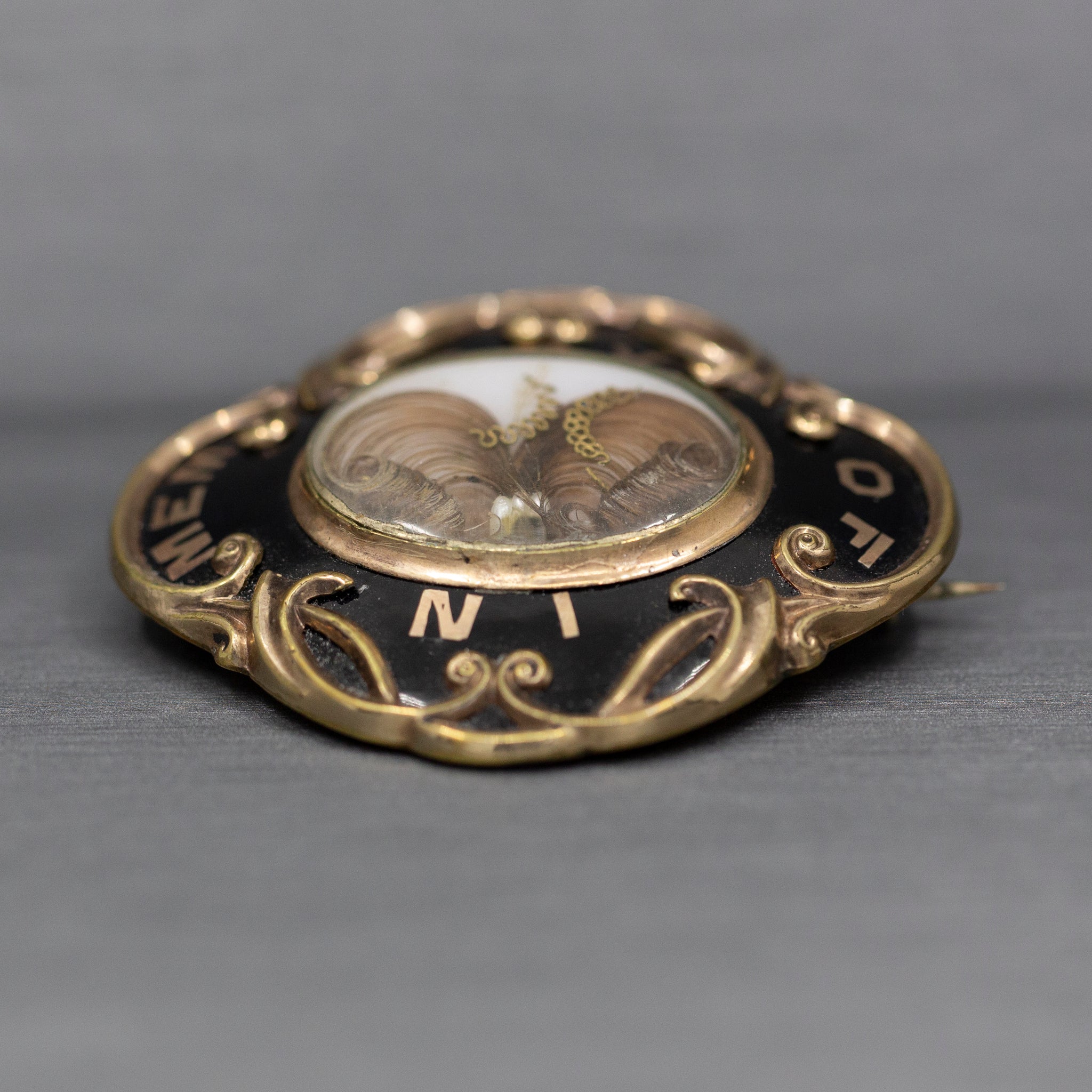 Antique Victorian Mourning In Memory Of Hair Work Brooch in 10k Yellow Gold