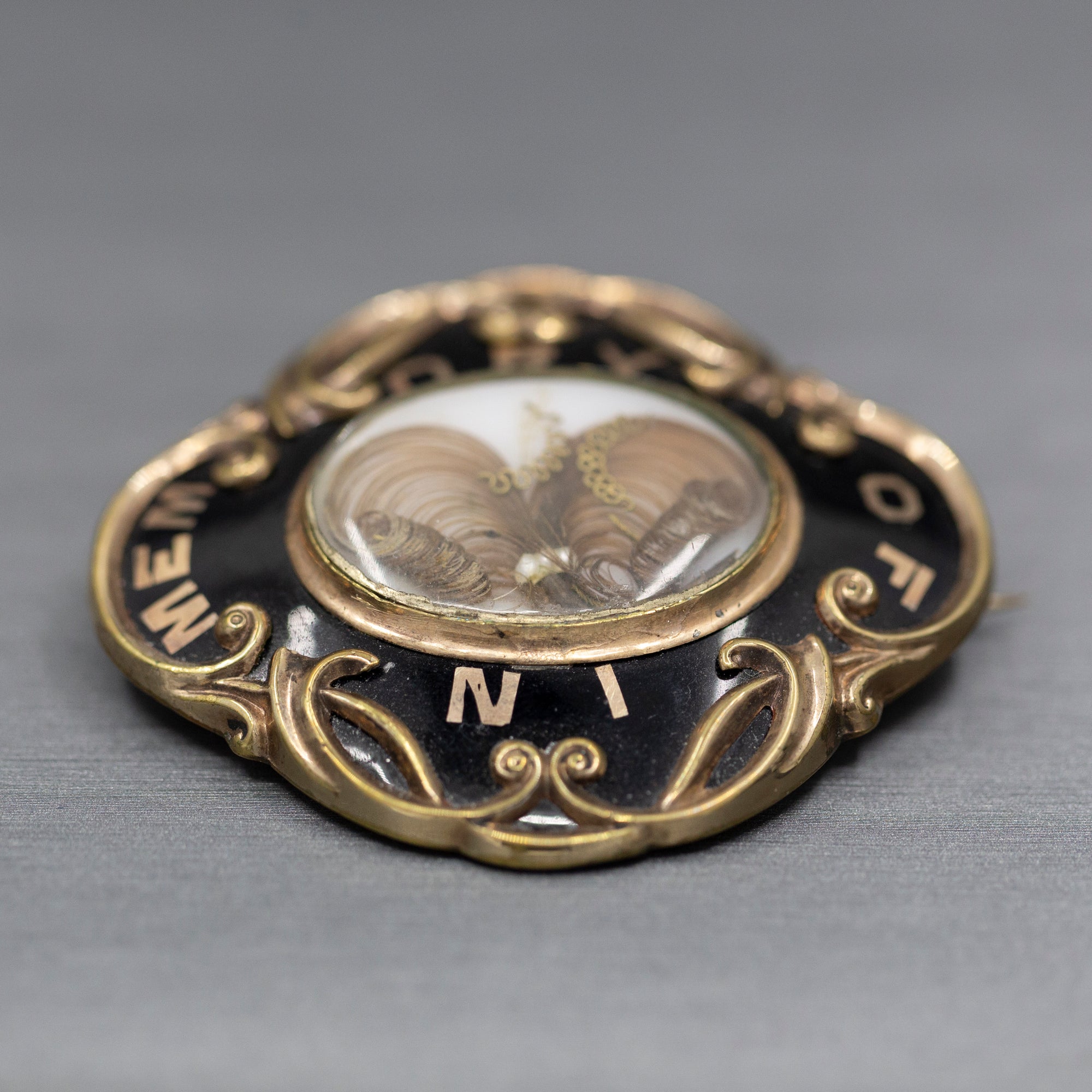 Antique Victorian Mourning In Memory Of Hair Work Brooch in 10k Yellow Gold