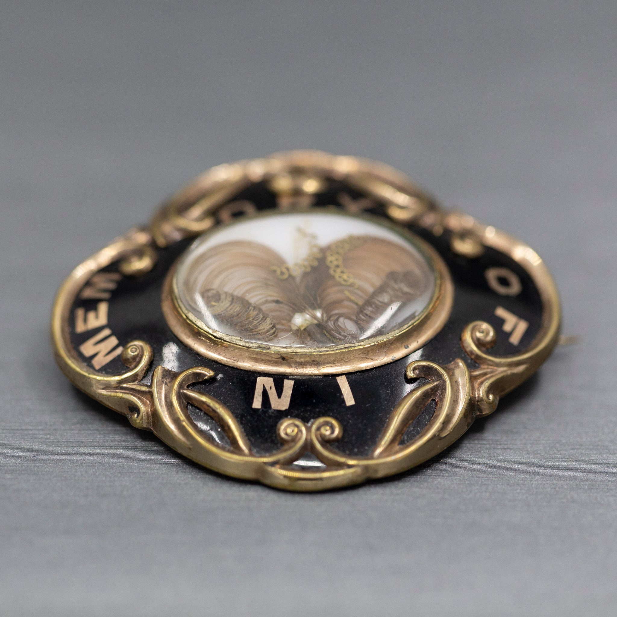 Antique Victorian Mourning In Memory Of Hair Work Brooch in 10k Yellow Gold