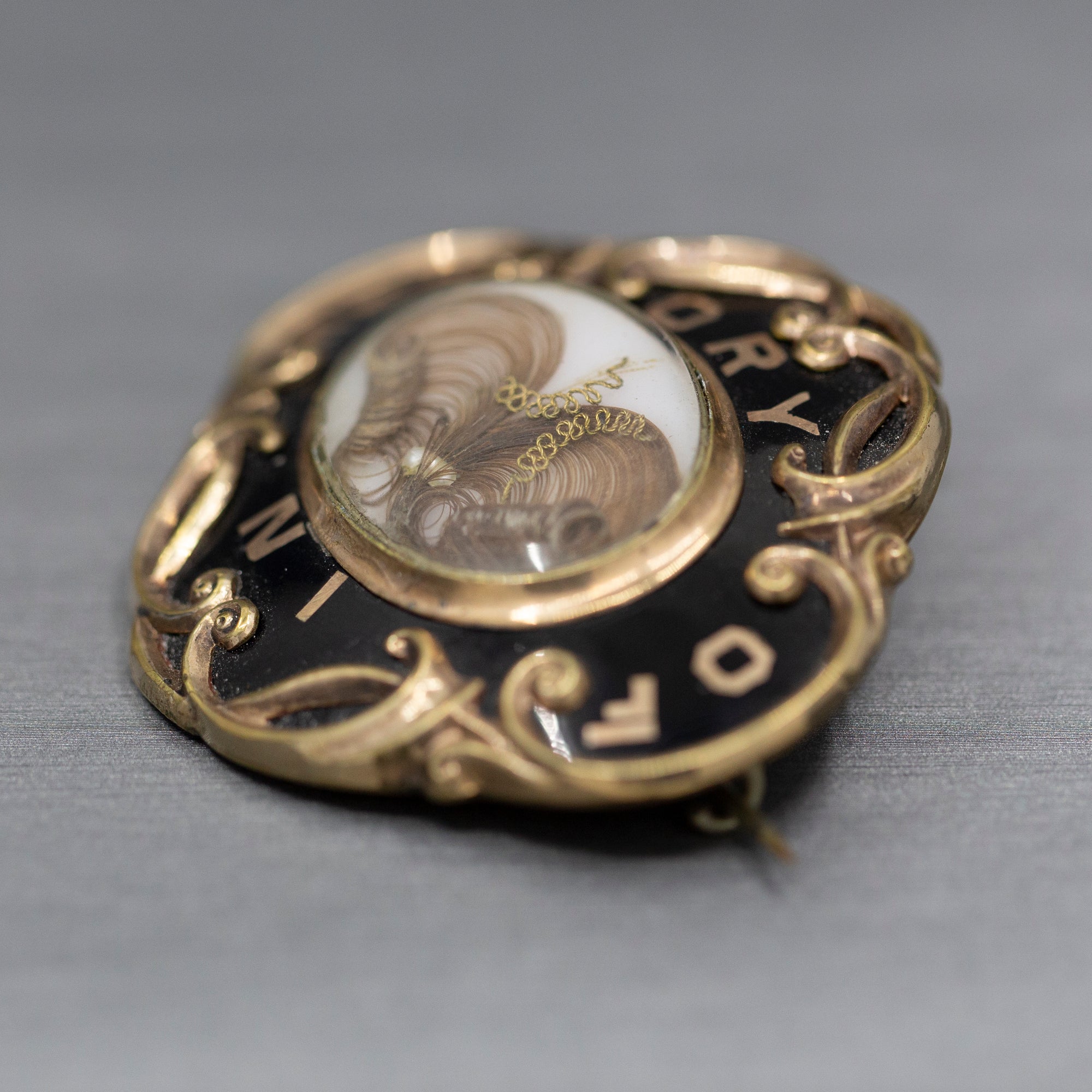 Antique Victorian Mourning In Memory Of Hair Work Brooch in 10k Yellow Gold