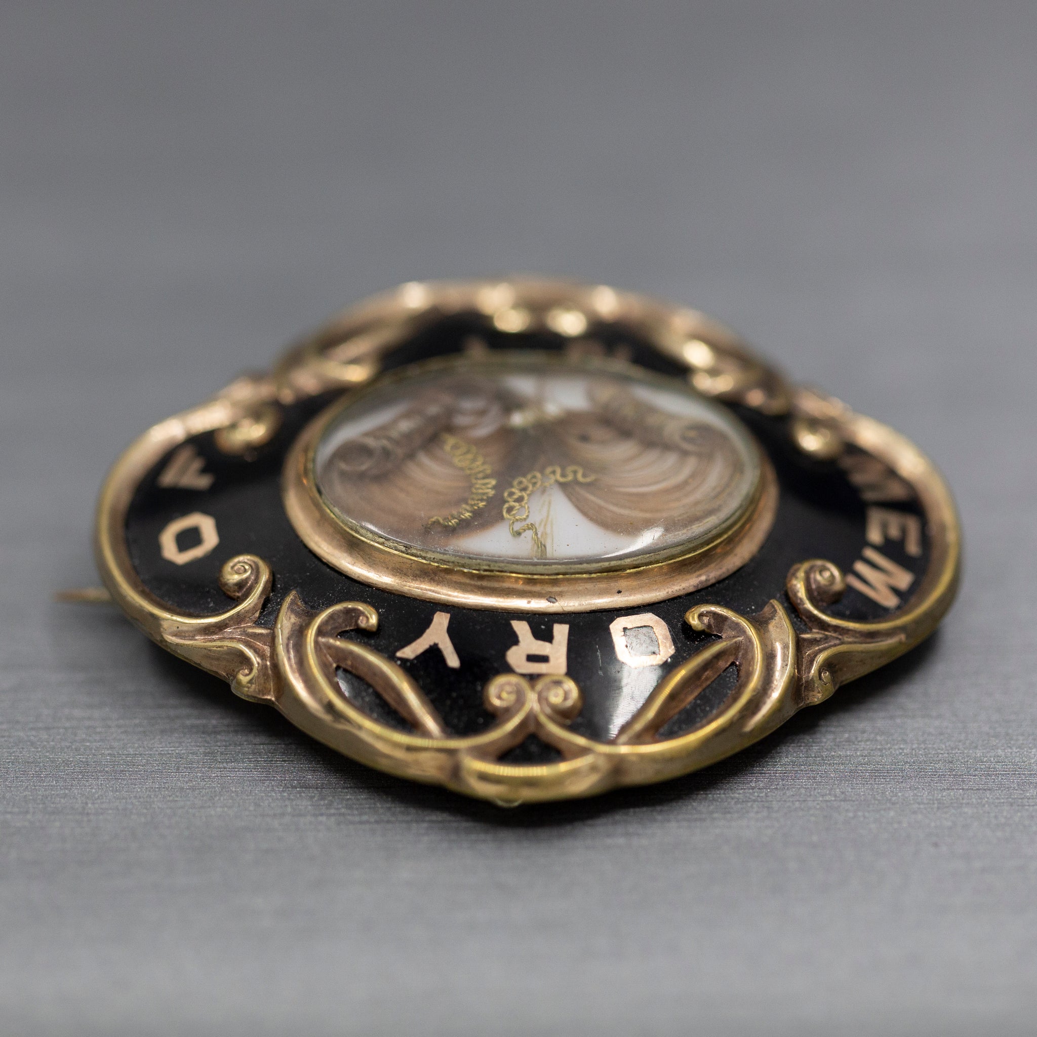 Antique Victorian Mourning In Memory Of Hair Work Brooch in 10k Yellow Gold