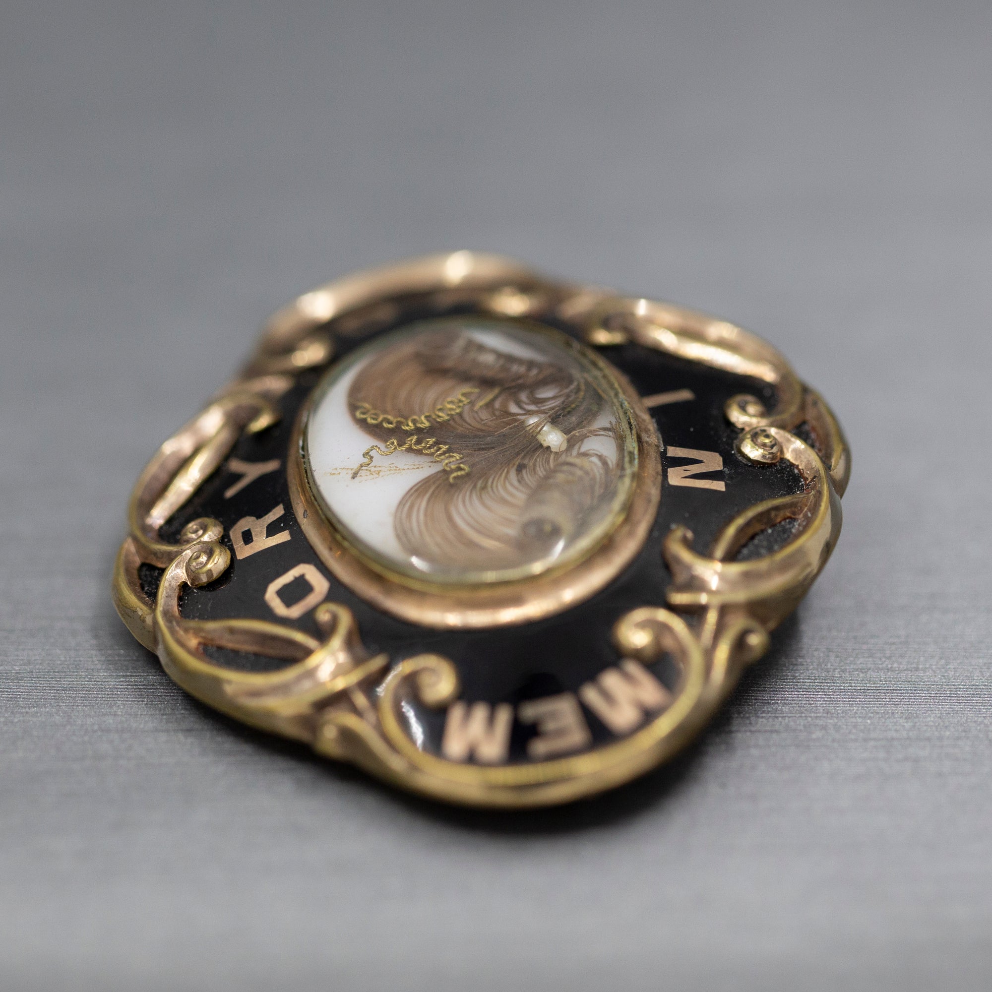 Antique Victorian Mourning In Memory Of Hair Work Brooch in 10k Yellow Gold